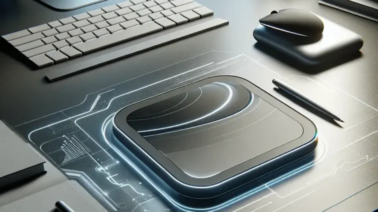 Black tech device with a glowing outline placed on a sleek desk with a keyboard and pens.