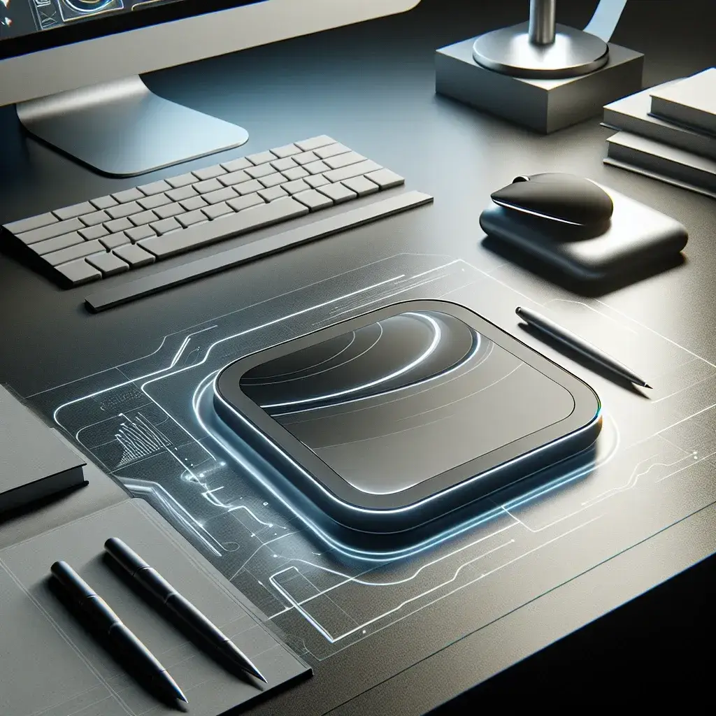Black tech device with a glowing outline placed on a sleek desk with a keyboard and pens.