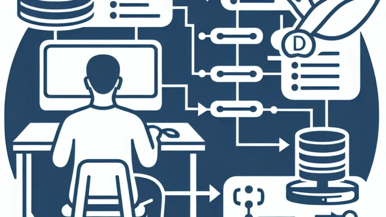 Illustration of a person working on a computer with SQL database elements and data flow diagrams.
