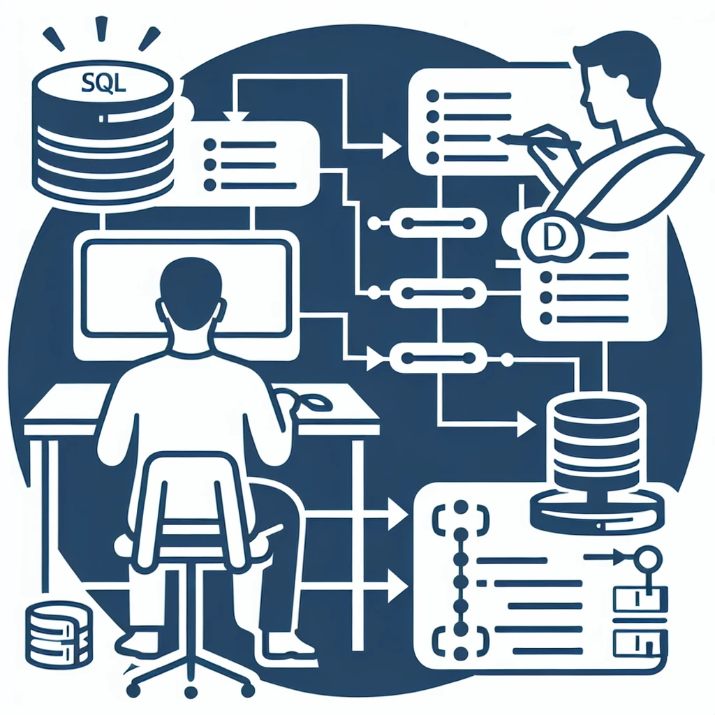 Illustration of a person working on a computer with SQL database elements and data flow diagrams.