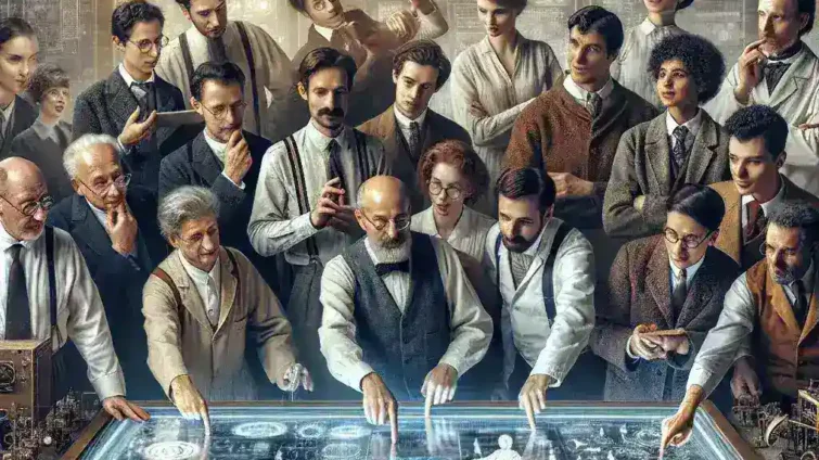 A diverse group of scientists gathered around a holographic display with various scientific symbols and diagrams.