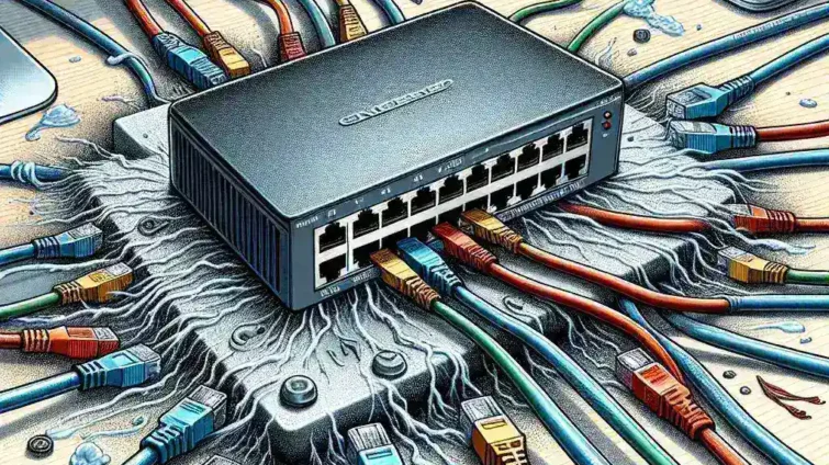 A network switch surrounded by various colored Ethernet cables connected to it.