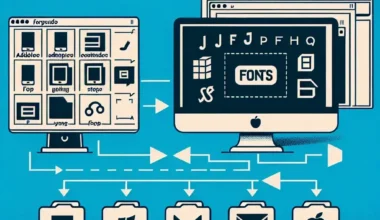 Diagram illustrating a font management system with multiple screens and file types connected by arrows.