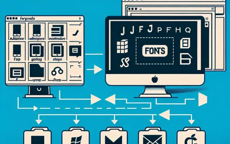 Diagram illustrating a font management system with multiple screens and file types connected by arrows.