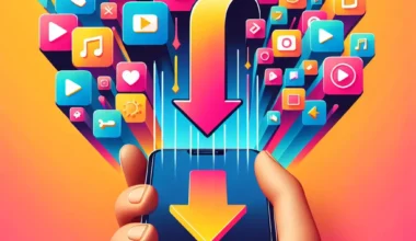 A smartphone displaying download icons and various social media symbols emerging from the screen.