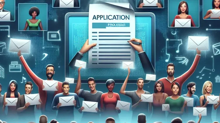 Illustration depicting a digital application process with diverse individuals holding envelopes and a central application form.