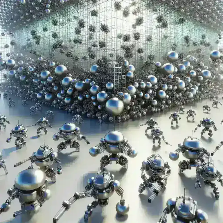"Swarm robotics demonstration showing hundreds of small robotic units collaborating seamlessly to execute complex tasks in synchronization, illustrating advancements in multi-robot coordination technology."