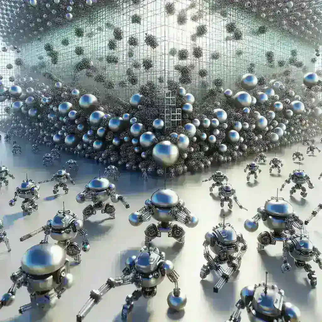 "Swarm robotics demonstration showing hundreds of small robotic units collaborating seamlessly to execute complex tasks in synchronization, illustrating advancements in multi-robot coordination technology."