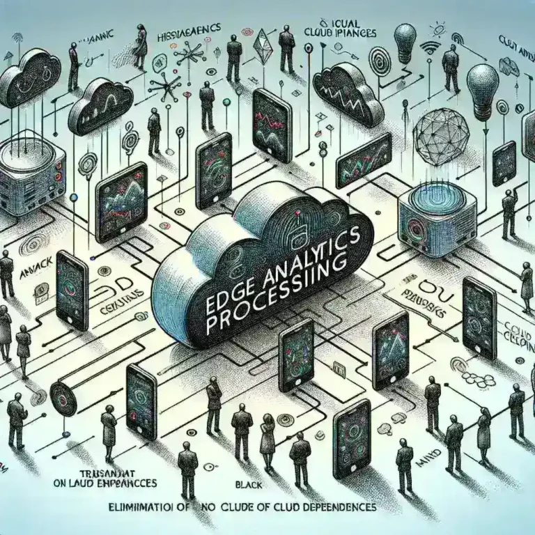 "Edge analytics processing for IoT devices reducing cloud dependencies, showcasing seamless data management and real-time insights."
