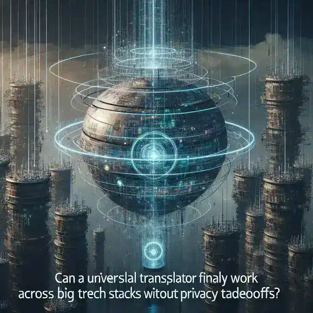 "Illustration of a universal translator interface connecting various big tech platforms, symbolizing seamless communication technology while highlighting privacy concerns in data exchange."