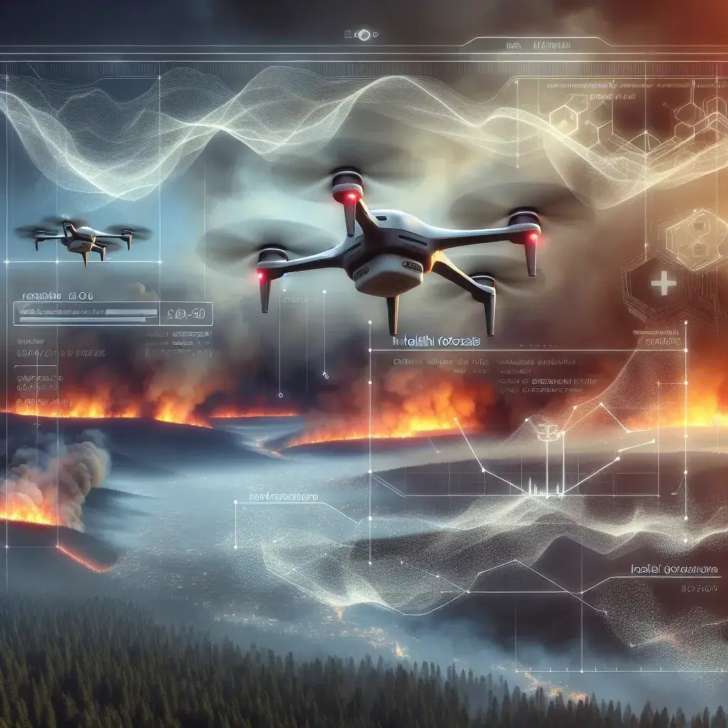 "AI-powered drone capturing data on wildfire smoke patterns for health forecasts, showcasing advanced technology in environmental monitoring."