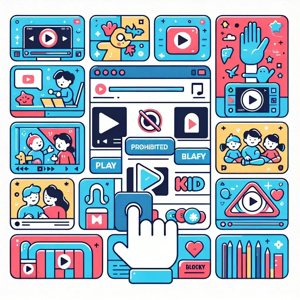 "Child using a tablet to view age-appropriate YouTube Kids content while parents manage settings to block specific videos and channels."