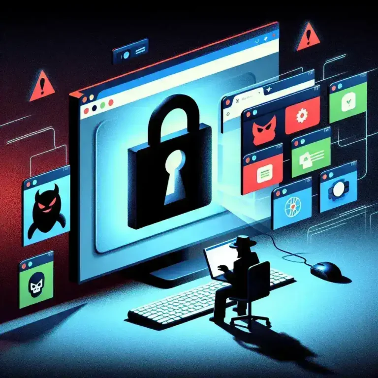 "Close-up of a computer screen displaying a malicious browser plug-in alert, illustrating the tactics hackers use to exploit vulnerabilities in web browsers."