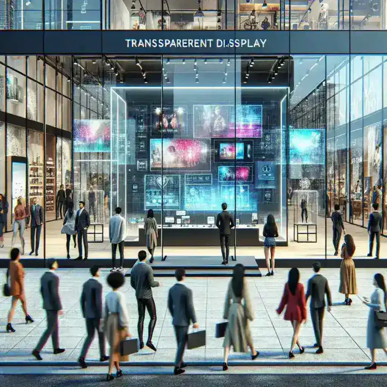 "Samsung innovative transparent display concept showcased in a modern storefront, highlighting advanced technology and retail applications."