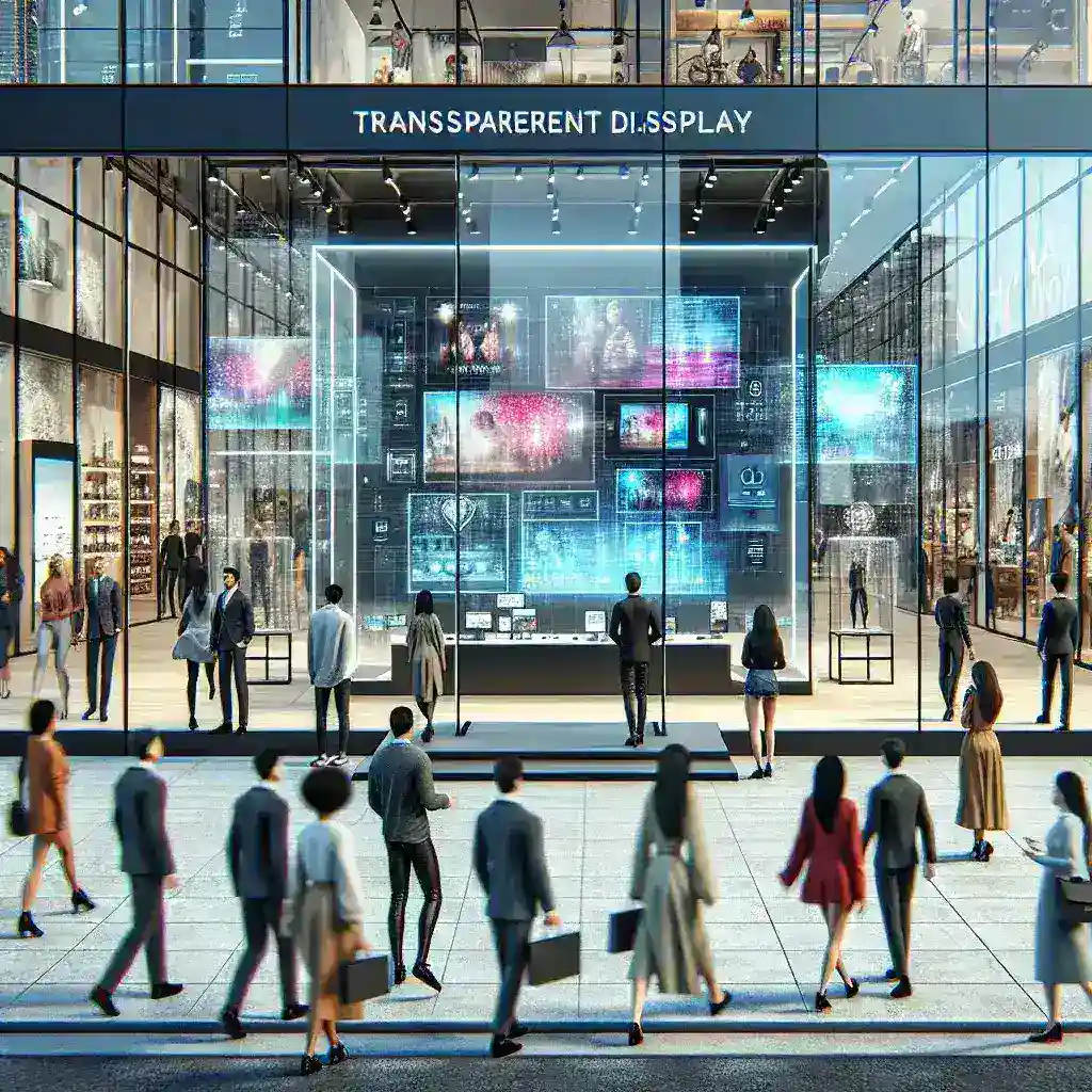 "Samsung innovative transparent display concept showcased in a modern storefront, highlighting advanced technology and retail applications."