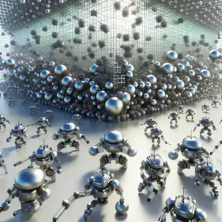 "Swarm robotics demonstration showing hundreds of small robotic units collaborating seamlessly to execute complex tasks in synchronization, illustrating advancements in multi-robot coordination technology."